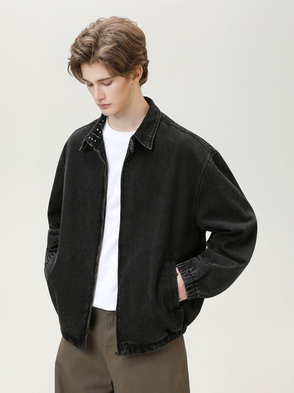 Men's Autumn New Washed Vintage Cargo Denim Jacket with Printed Collar - Trendy Retro Style