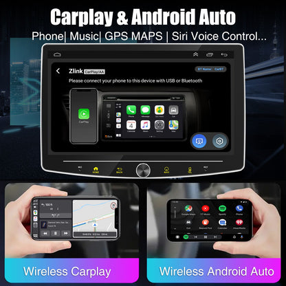 ESSGOO Single 1 Din Android 14.0 Rotatable 10.1" Apple Carplay Car Stereo Radio Player GPS Navi WIFI Wireless Android Auto FM BT