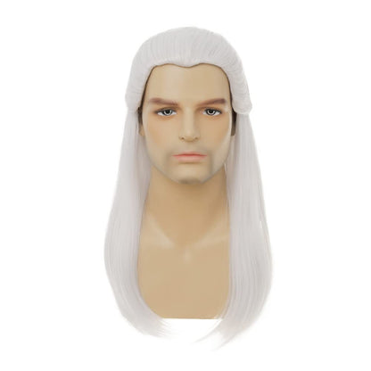 Geralt of Rivia Cosplay Wig White Slivery Straight Synthetic Hair Wigs for Men Party Novel Game Costume Halloween