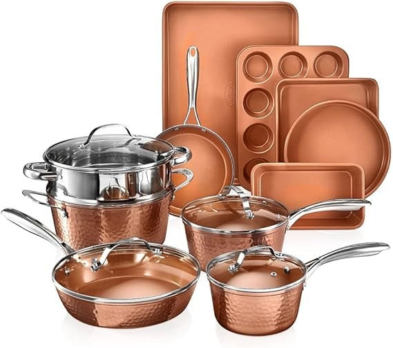 Conjunto de Utensílios de Cozinha de 15 Peças Gotham Steel Cerâmica Antiaderente Martelado com Panelas Fundas, Frigideiras, Assadeiras e Panela para Fritura Funda de Cobre