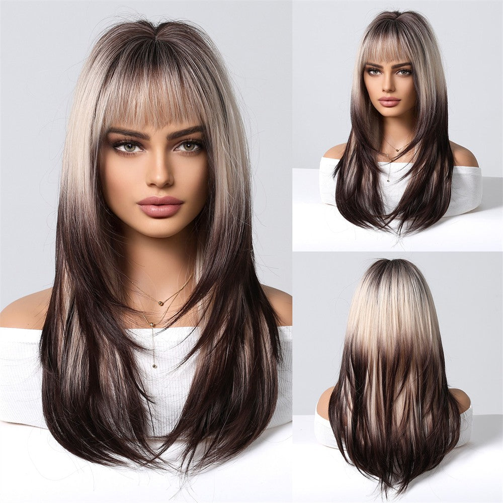Peruca de cobertura total, peruca rosa gradiente marrom escuro, peruca de cabelo liso com franja, adequada para o role-playing diário feminino,