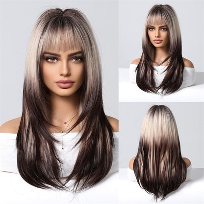Peruca de cobertura total, peruca rosa gradiente marrom escuro, peruca de cabelo liso com franja, adequada para o role-playing diário feminino,