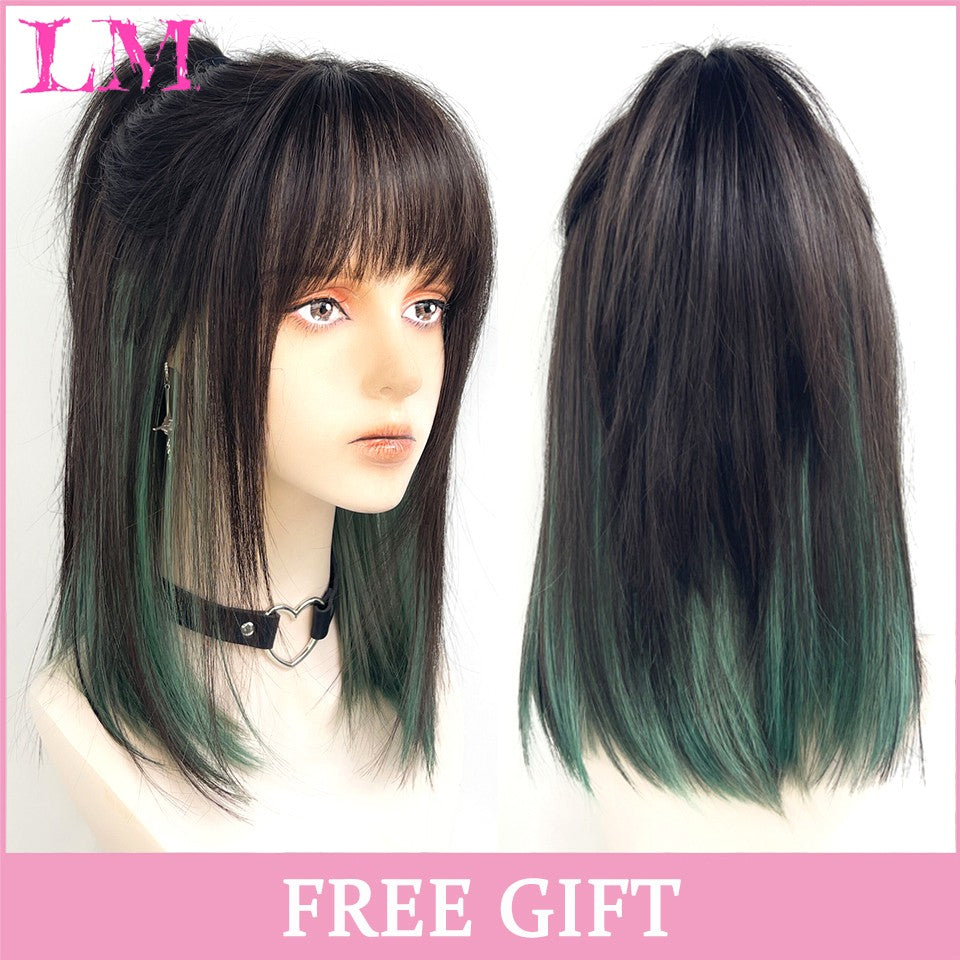 LM Medium Length Pink Cosplay Wig Heat Resistant Costume Party Synthetic Wigs 2 Clip On Ponytail 7 Colors