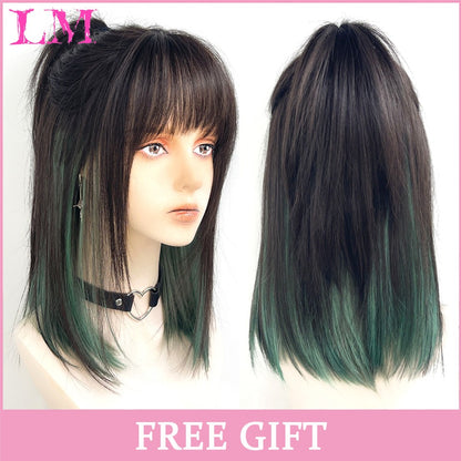 LM Medium Length Pink Cosplay Wig Heat Resistant Costume Party Synthetic Wigs 2 Clip On Ponytail 7 Colors