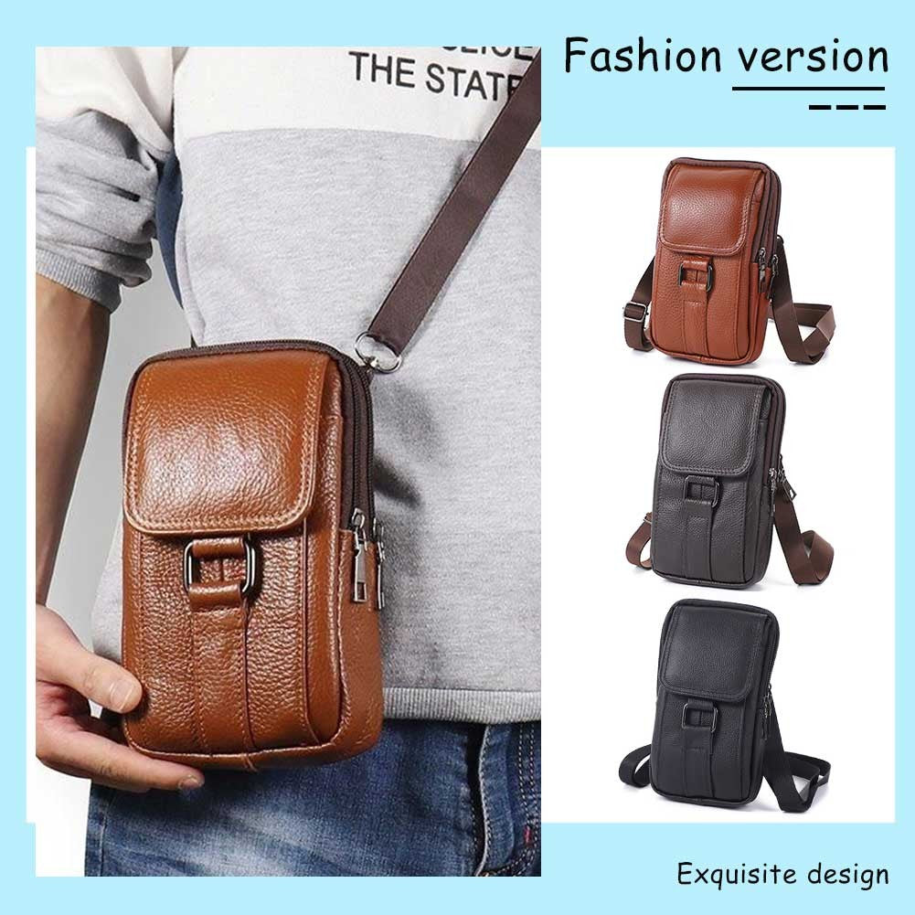 Portable Men Messenger Bags Cowhide Leather Cell Phone Belt Pack Fashion Simple Multi-pockets Casual for Outdoor Sport