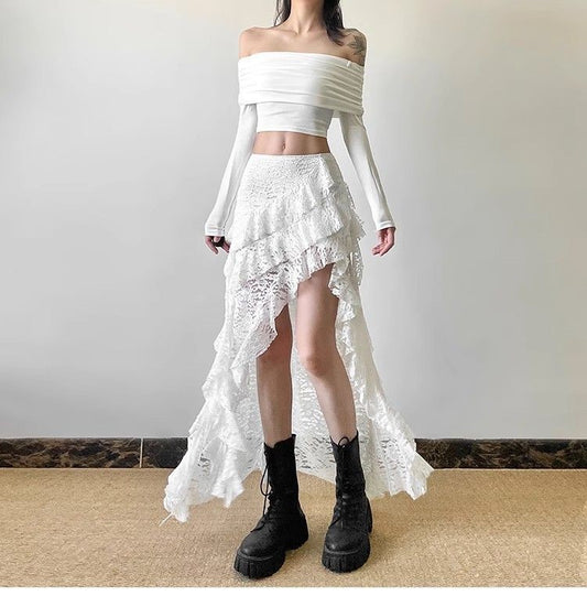 Gothic Skirt 2000s Summer Women's Clothes Gyaru Kpop Streetwear Lace High waist Casual Aesthetic Long Skrit Femme Hip hop Skirts