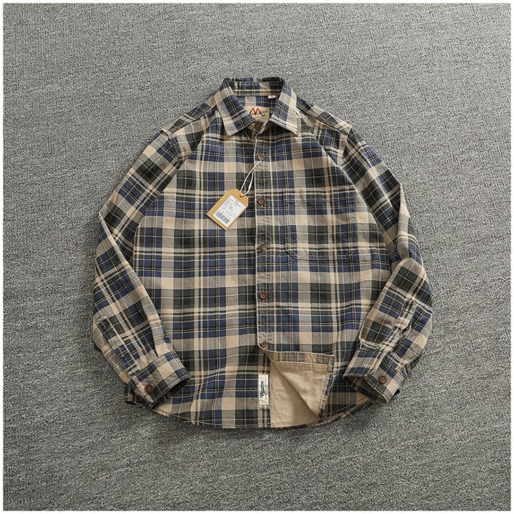 2024 Spring and Autumn New American Retro Woven Plaid Cargo Shirt Men's Simple 100% Cotton Washed Single Pocket Thin Jacket