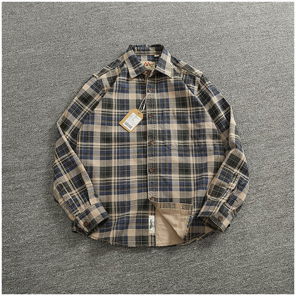2024 Spring and Autumn New American Retro Woven Plaid Cargo Shirt Men's Simple 100% Cotton Washed Single Pocket Thin Jacket