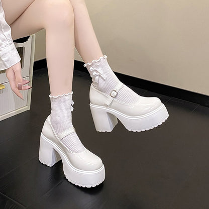 Sapatos Mary Jane Pretos de Salto Agulha Feminino 2023 Gótico Plataforma Grossa Bombas Sapatos Femininos Plus Size com Fivela no Tornozelo para Festa Lolita 42