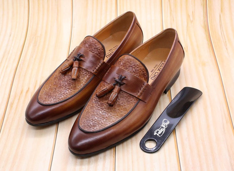 FELIX CHU Men's Genuine Leather Tassel Loafers Italian Luxury Fashion Slip-On Dress Shoes for Parties Weddings Casual Wear