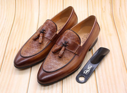 FELIX CHU Men's Genuine Leather Tassel Loafers Italian Luxury Fashion Slip-On Dress Shoes for Parties Weddings Casual Wear