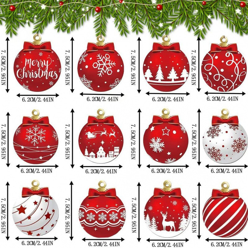 12pcs/set Red and White Wooden Christmas Ball Ornament, Elk Snowflake Pattern Christmas Party Hanging Decoration Supplies Winter