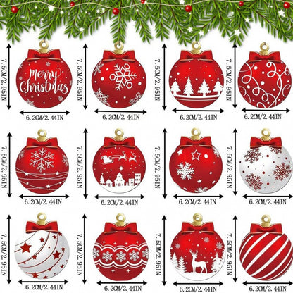 12pcs/set Red and White Wooden Christmas Ball Ornament, Elk Snowflake Pattern Christmas Party Hanging Decoration Supplies Winter