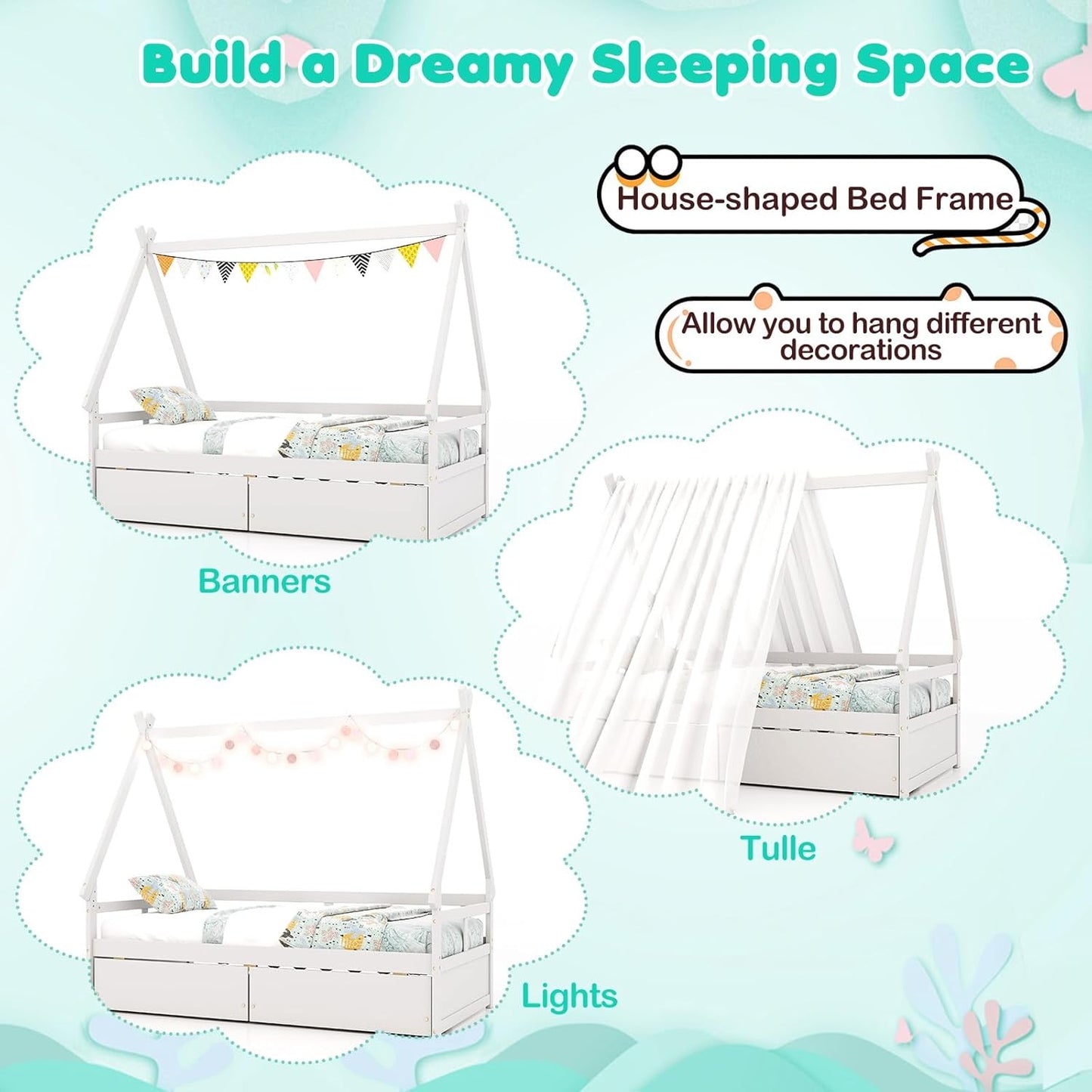 Twin Bed with 2 Storage Drawers, Wood Montessori House Tent Bed Frame with Safety Guardrail, Low Teepee Bed with Wood Sl