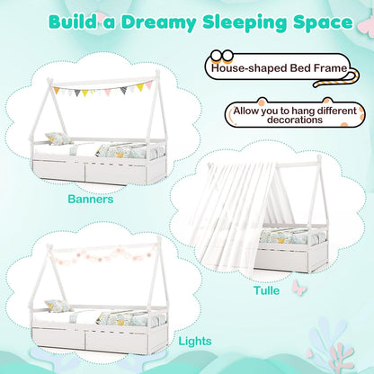 Twin Bed with 2 Storage Drawers, Wood Montessori House Tent Bed Frame with Safety Guardrail, Low Teepee Bed with Wood Sl