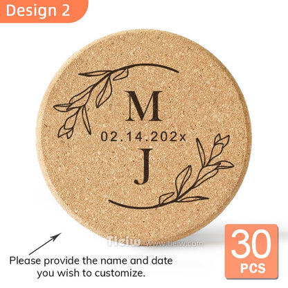30pcs Personalized Cork Coasters-Tieiw Design-Wedding Favor for Guests Party Bridal Shower Corporate Engraved Coaster Gifts Bulk