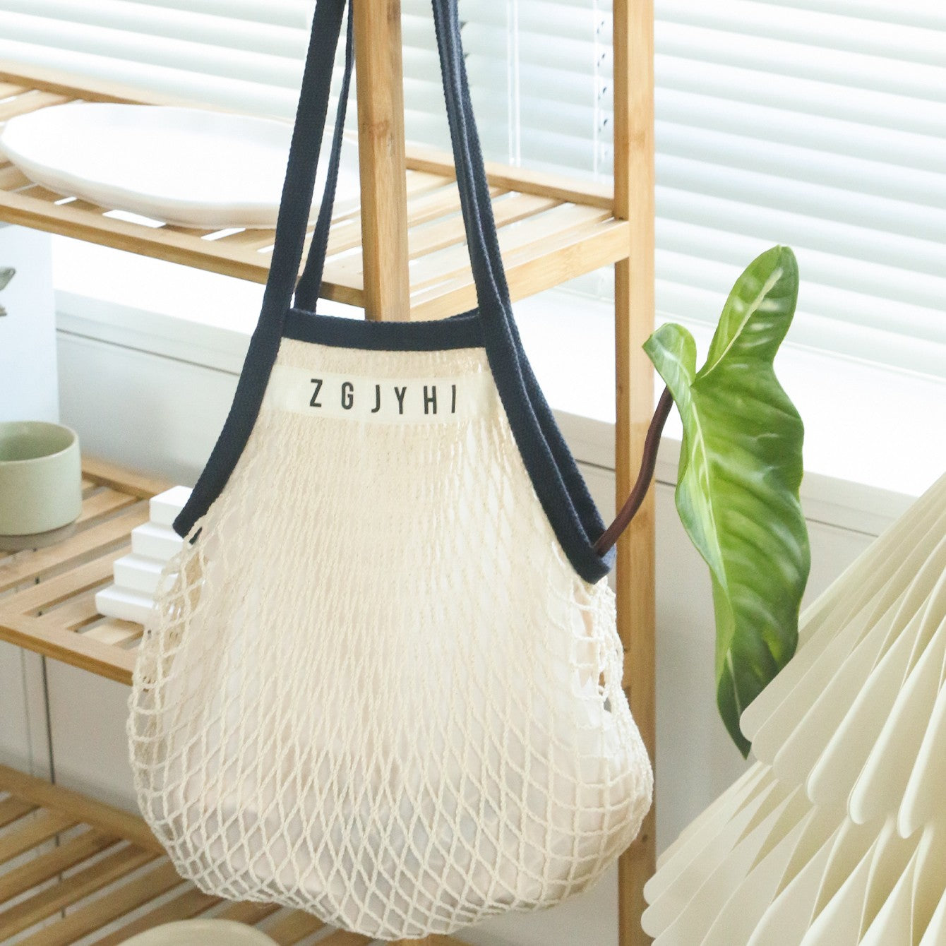 1PCS Personalised Name Mesh organic Cotton Bag with Long handle Reusable Washable Beach Bag Organizer for Shopping Grocery Bag