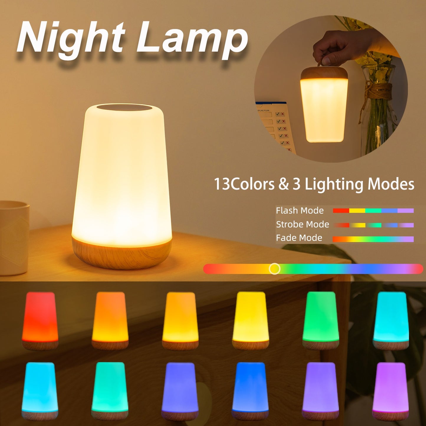 13 RGB Color Changing Portable Bedside Lamp Dimmable Remote Control USB Rechargeable Touch Night Light for Living Room Bedroom G