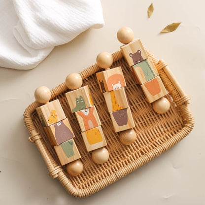 Baby Wooden Montessori Toys Cartoon Animal Rabbit Crocodile Blocks Rattle Puzzle Game Wooden Ring Newborn Rattle Teethering Toys