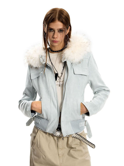 American hot girl big fur collar slim short jacket for women buckskin velvet waist slimming hooded cardigan sweatshirt