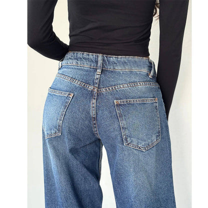 High Waist Straight Leg Women's Jeans Retro American Washed Denim Pants Autumn Street Style Wide Leg Trousers for Women