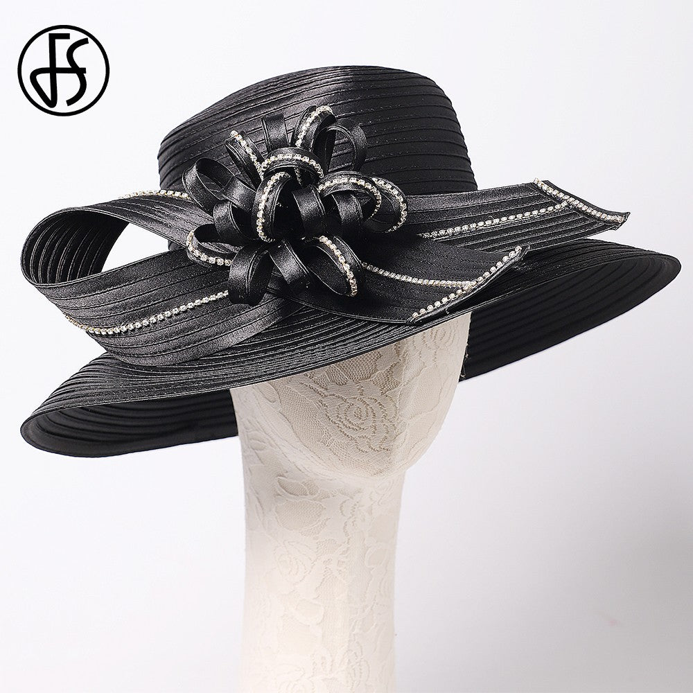 Chapéu Fedora Feminino Elegante Preto Vestido Formal Senhora Igreja Coquetel Chá Festa Chapéus Derby para Mulheres Laço Flor Aba Larga Chapéus Cloche