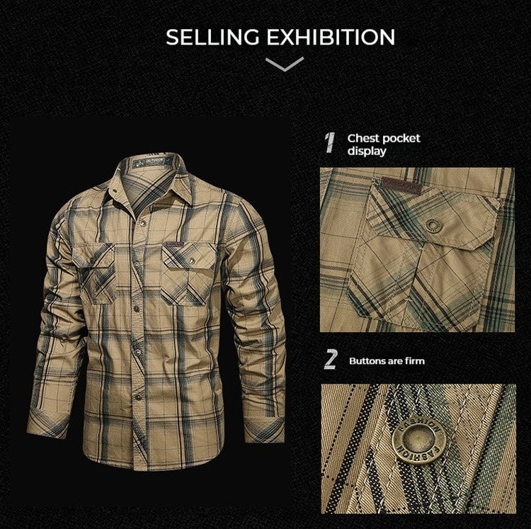 Spring and Autumn New Pure Cotton Plaid Long Sleeve Military Quick-drying Versatile Shirt Men's Casual Tactical Cargo Shirt