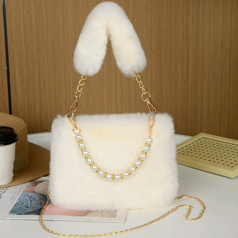 Fashionable Pearl Rabbit Fur Velvet Handbag Women's Crossbody Bag Chain Design Autumn Winter Small Versatile Bag Elegant