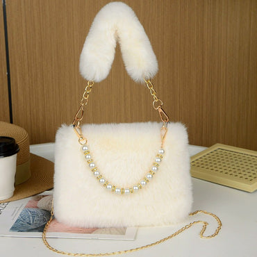 Fashionable Pearl Rabbit Fur Velvet Handbag Women's Crossbody Bag Chain Design Autumn Winter Small Versatile Bag Elegant