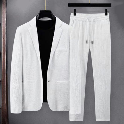 Men Two piece Suit Striped Pleated Men Pants Set Pleated Drawstring Loose Lapel Pockets Thin Formal Business Men Set
