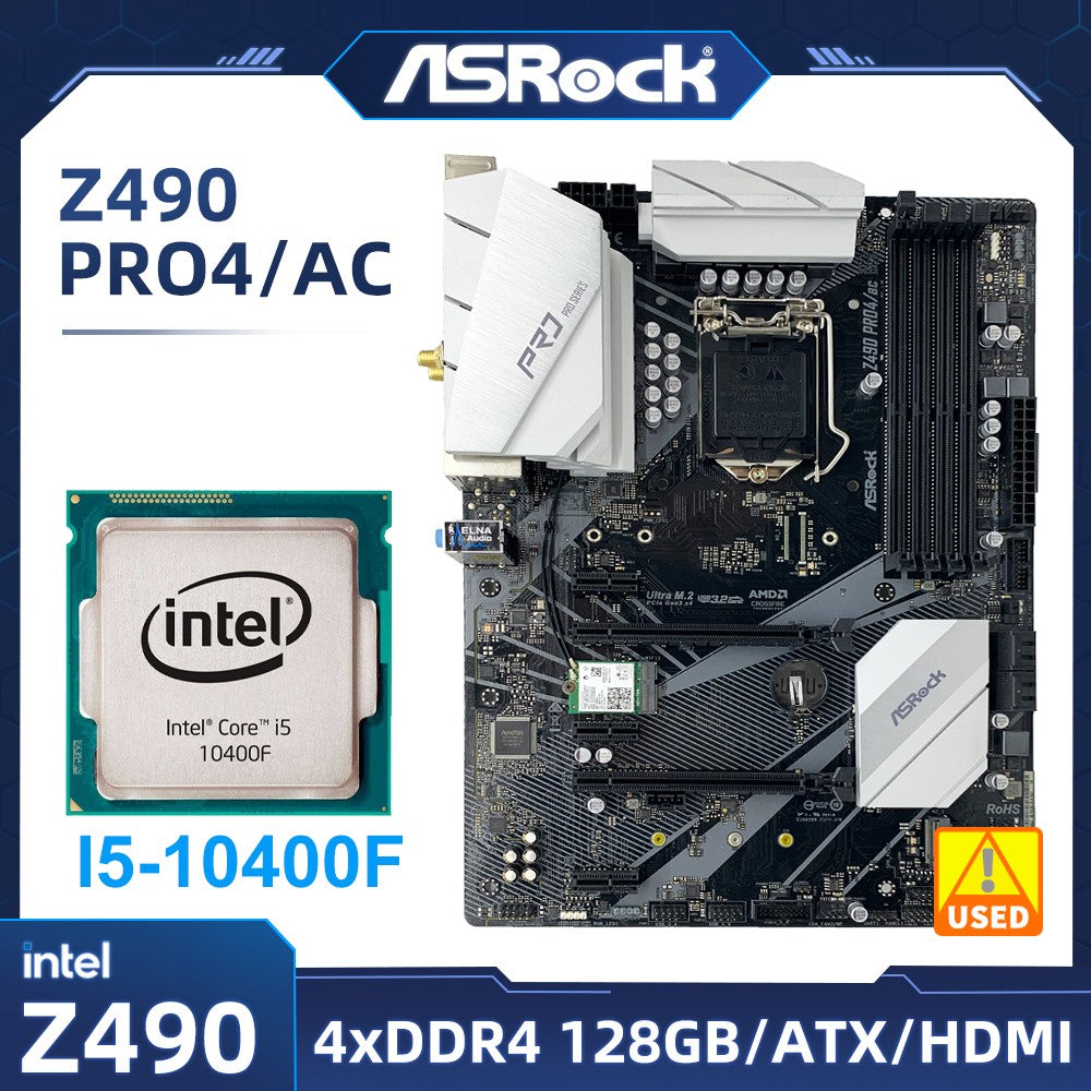 Asrock Z490 PRO4/AC Motherboard +i5-10400F cpu intel Z490 Motherboard LGA 1200 DDR4 128GB ATX support 10700F 10100 10105 cpu