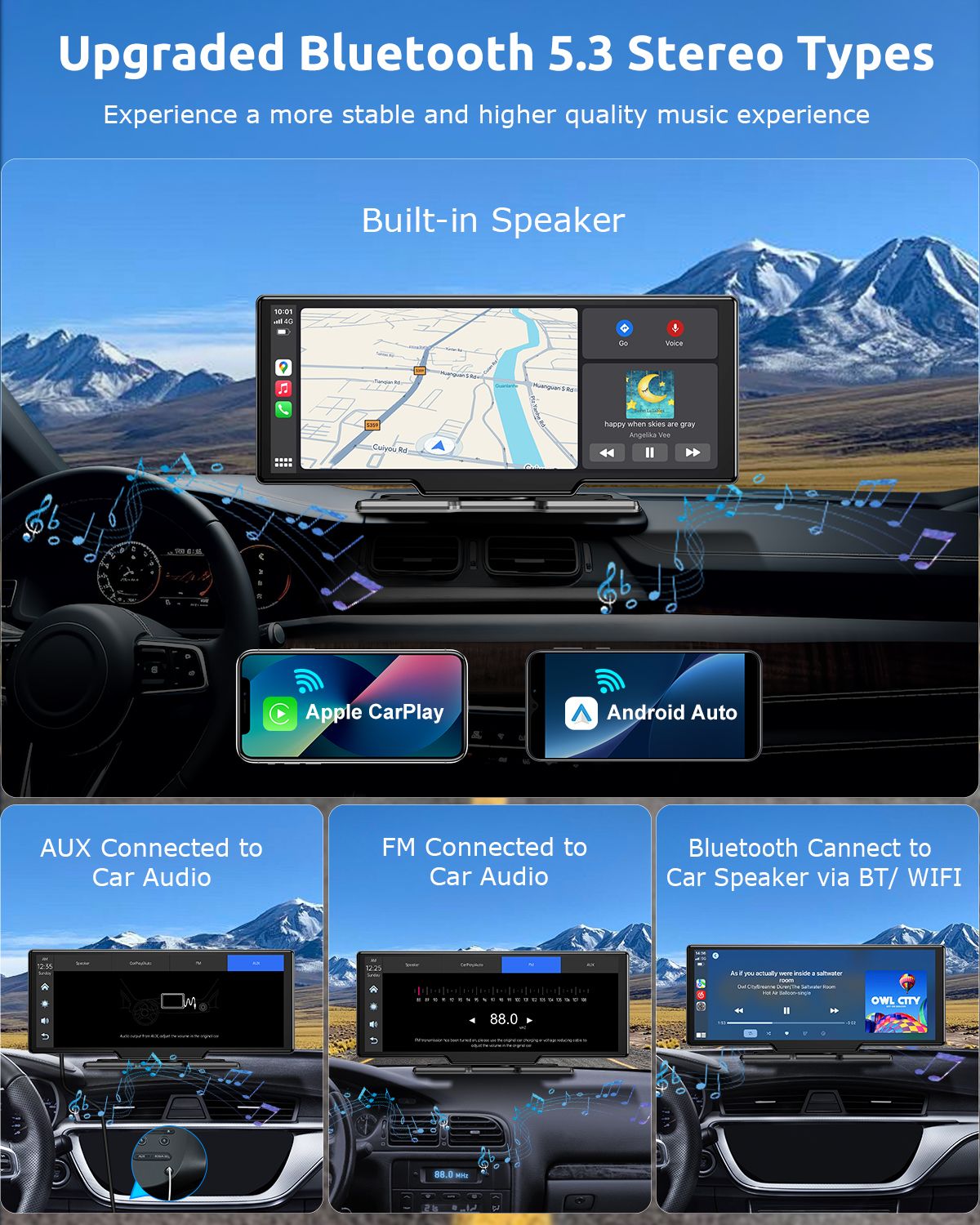 10.26" 4K 64G Touchscreen Portátil Sem Fio CarPlay Android Auto Caminhão Dash Som Automotivo Bluetooth GPS Navegação Câmera de Ré Grande Angular FM