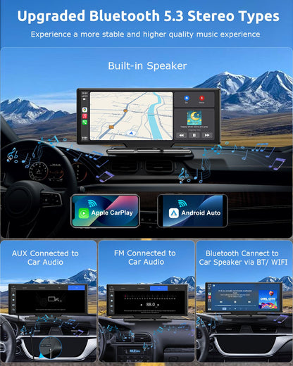 10.26" 4K 64G Touchscreen Portátil Sem Fio CarPlay Android Auto Caminhão Dash Som Automotivo Bluetooth GPS Navegação Câmera de Ré Grande Angular FM