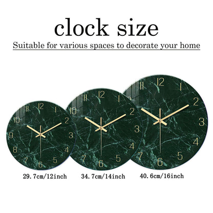Personalized Dark Green Marble Texture Pattern Tempered Glass Wall Clock Living Room Bedroom Kitchen Home Decoration Wall Clock Silent Quartz Clock Holiday Gift 12 Inches 14 Inches 16inch (Without Batteries)