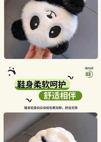 Cute panda children's slippers girls indoor slip on shoes, 2025 cartoon animal fur slippers house children flip flops