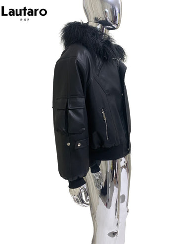 Mauroicardi Autumn Winter Short Oversized Black Warm Pu Leather Jacket Men with Faux Fur Trim Hood Loose Casual Korean Fashion