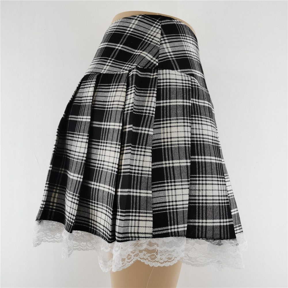 New Contrast Lace Plaid Pleated Skirt Vintage Sexy Skater Clothes Harajuku Gothic Punk England Style Y2k Skirt