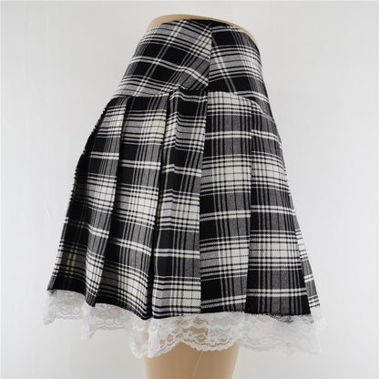 New Contrast Lace Plaid Pleated Skirt Vintage Sexy Skater Clothes Harajuku Gothic Punk England Style Y2k Skirt