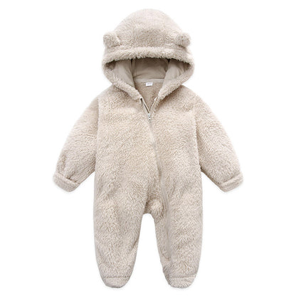0-12M Baby Plush Warm Jumpsuits Boys Girls Long Sleeve Hooded Zipper Romper Newborn Infant Fall Winter Clothes