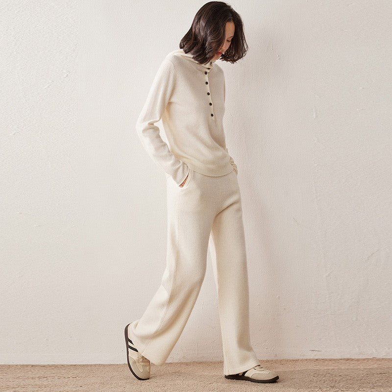 Autumn Winter New 100% Pure Cashmere Women Half Open Front Hoodie Set Knitted Two Piece Pullover Knitwear Wide Leg Pants