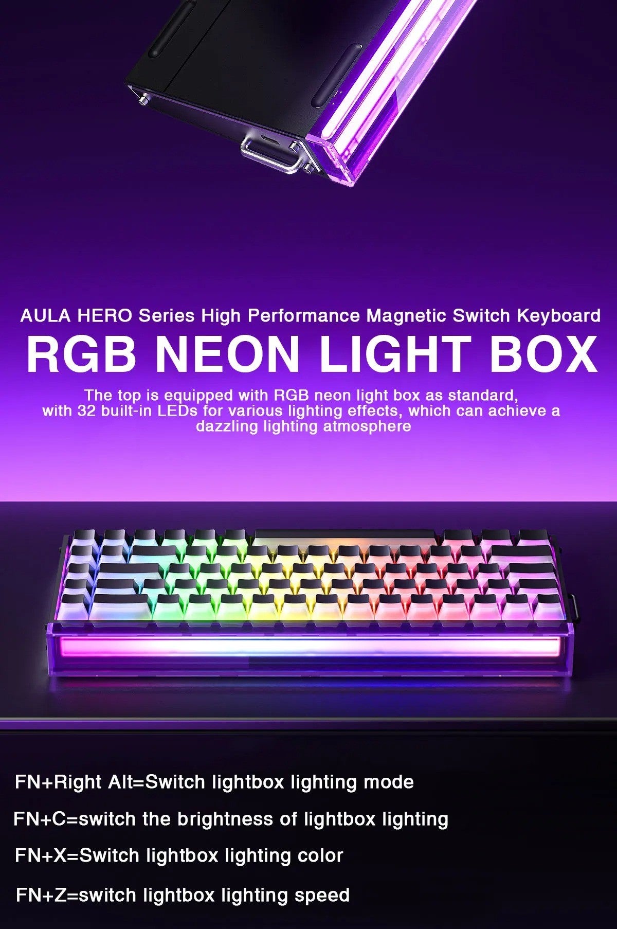Teclado Mecânico para Jogos RGB com Switches Magnéticos AULA HERO 68HE Teclado para eSports com Acionamento Rápido e Retorno de 8K com Fio Personalizado