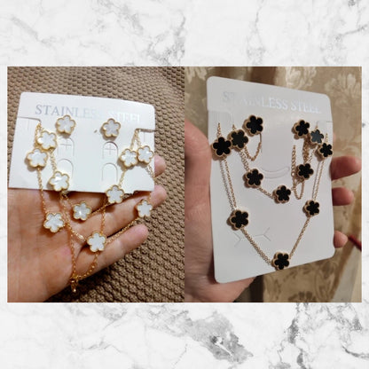 LUXUKISSKIDS Conjunto de Colar e Brincos de Flor Fashion Joias Femininas Aço Inoxidável Concha Branca Trevo Pulseira Acessórios de Joias
