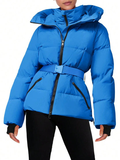 Fisoew women's Belted Puffer Jacket, Women's Waterproof Ski Coat With Hood, Quilted Winter Snowsuit Aesthetic