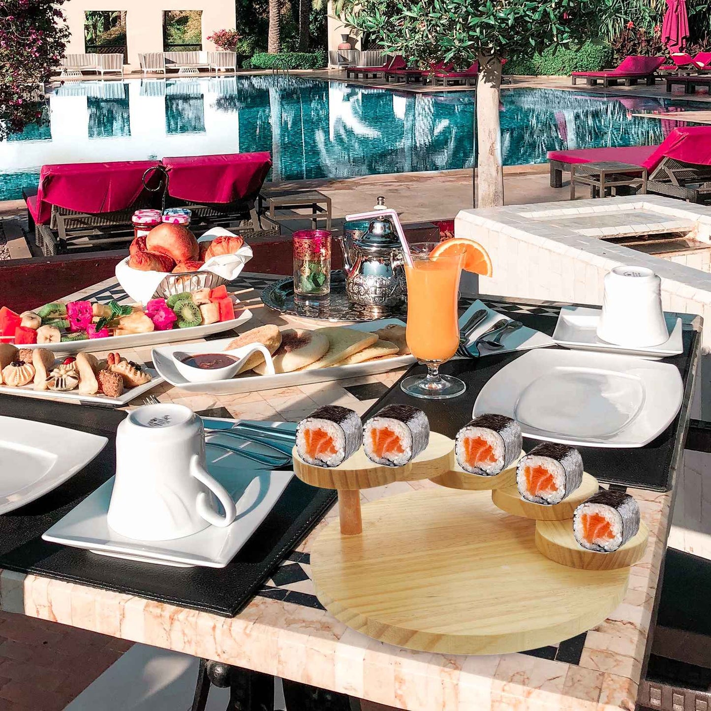 Steps Stairs Japanese Cuisine Sushi Boats Tray Seafood Tool Wooden Wood Restaurant Handmade Ship Sashimi Assorted Cold Dish