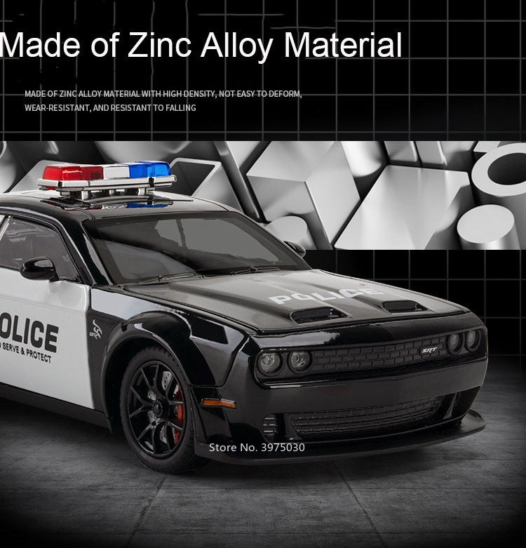 1:24 Dodge Challenger SRT Hellcat Modelo de Carro de Polícia de Brinquedo Pneu de Borracha Carro em Miniatura Puxar para Trás Luz Música Veículo Meninos Adultos Presentes