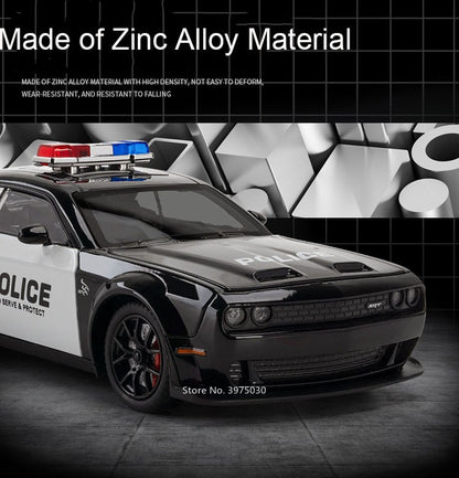1:24 Dodge Challenger SRT Hellcat Modelo de Carro de Polícia de Brinquedo Pneu de Borracha Carro em Miniatura Puxar para Trás Luz Música Veículo Meninos Adultos Presentes