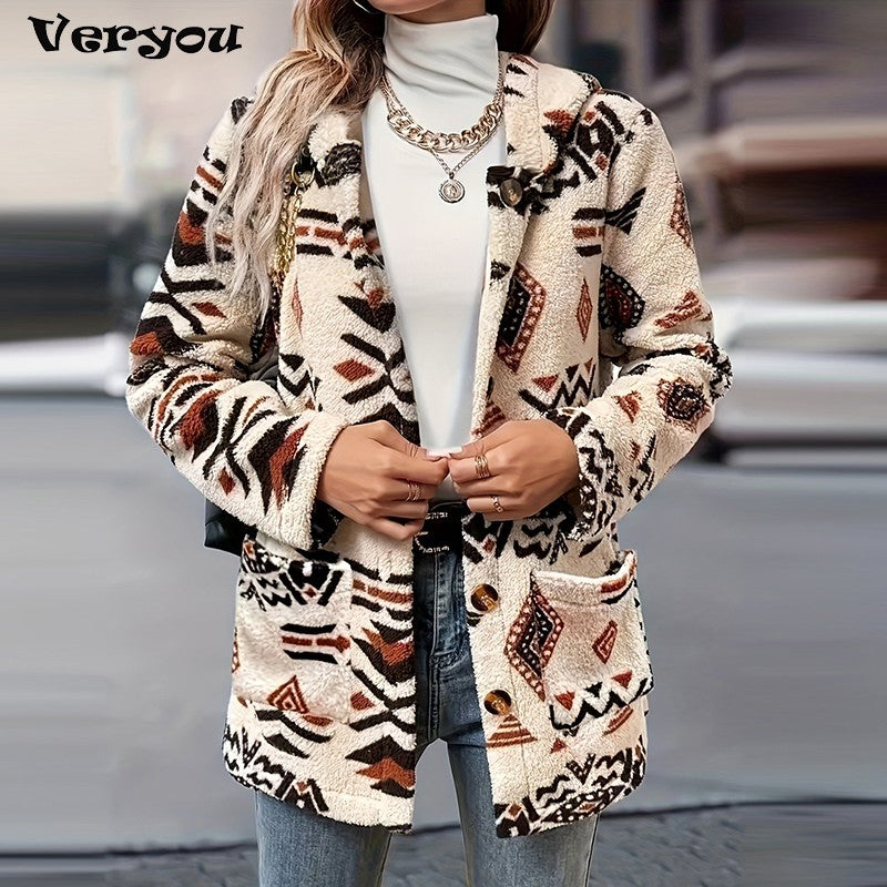 Autumn Winter Women Puff Breasted Warm Hoodies Jacket Women Casual Thick Plush Long Sleeve Coat Women Print Pocket Outerwear