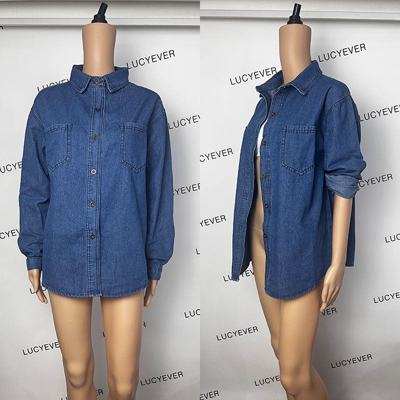 Lucyever Blue Denim Shirt Women 2023 Autumn New Single-Breasted Jeans Blouses Female Pockets Loose Fashion Lapel Cowboy Blusas