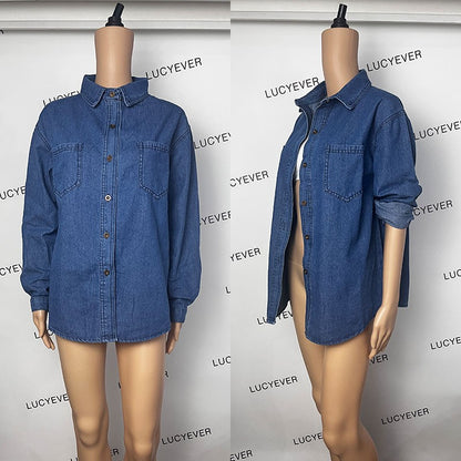 Lucyever Blue Denim Shirt Women 2023 Autumn New Single-Breasted Jeans Blouses Female Pockets Loose Fashion Lapel Cowboy Blusas