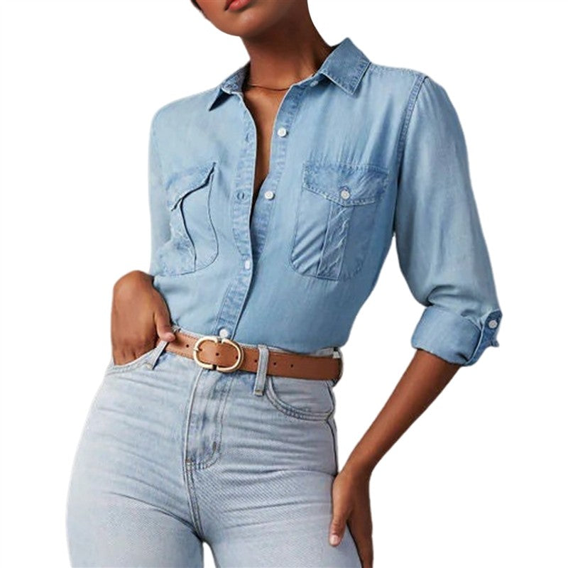 NEW-Women Double Pockets Spliced Decoration Denim Shirt Jacket Single-Breasted Lapel Casual Female Tops